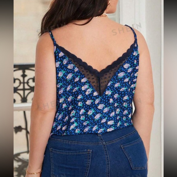Plus Size Lace & Floral French Style Tank Top Vibrant Blue Green Purple - Picture 3 of 16